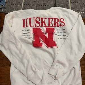 Nebraska Huskers White Crewneck Sweatshirt with Red Logo gameday social